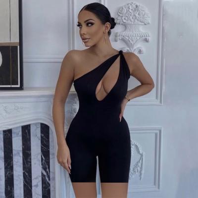 China 2021 Barbaric Hot Rompers QUICK DRY Sleeveless Hollow Out Bodycon Solid Color One Shoulder Playsuit Women Summer Fashion Wholesale Sport for sale