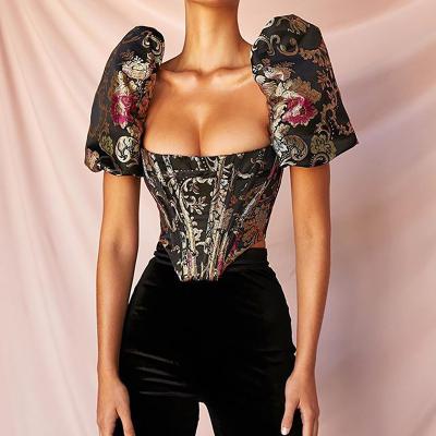 China Collar Boned Bustier Anti-Shrink Barbaric Square Crop Tops Elegant Women Sexy Backless Zipper Shirt Puff Sleeve Shirts Blouse for sale