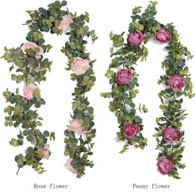 China Wedding Decoration Eucalyptus Leaves Garland Rose Flower Vine Artificial Green Garland Artificial Eucalyptus Garland for sale