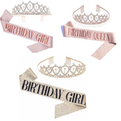 China Hair Crown Accessories Birthday Sash Rhinestone Crown Hair Ornament Happy Birthday Party Set Fashion Crystal Crown Party Supplies Decorations for sale