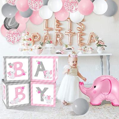 China Beautiful Colorful Sage Pink Baby Balloons Boxes Decoration Baby Shower Backdrop Blocks Gender Reveal Photo Props Pink Ribbon White for sale