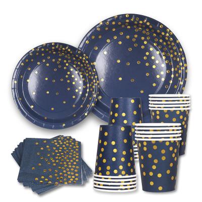 China 24 Guests Paper Plate Set Luxury Dark Blue Dinnerware Set Disposable Party Paper Birthday Plates Sets Dinnerware Party Supplies for sale