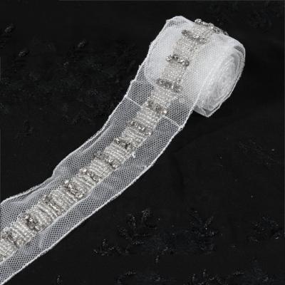 China Sustainable Accessories Claw Rhinestone Beaded Lace Mesh Trim Decorate For Bride Wedding Dress for sale