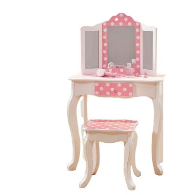 China Foldable Fashion Print Polka Dot Wooden Girls Vanity Dressing Table with Mirror and Stool Set for sale