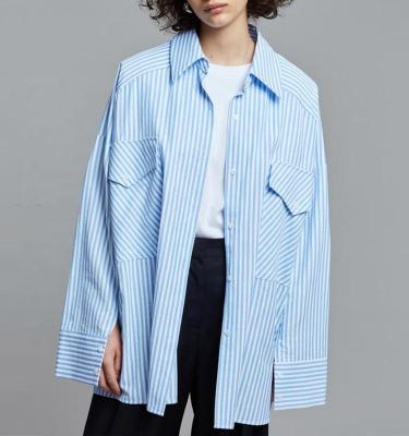 China Anti Shrink Customize Striped Oversized Long Shirts Loose Casual Sleeve Pocket Shirt Blouse Tops for sale