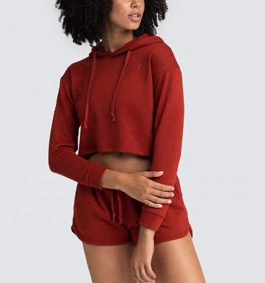 China Dongguan Antibacterial Clothing Custom Women Sleeve Crop Top Hoodie With Shorts Activewear Tracksuit for sale