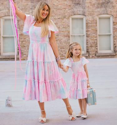 China Mini Anti-Static & ME Girls Pink and Blue Tie Dye Dress 100% Square Neck Cotton Skirt Super Soft Cotton Flowy Butterfly Sleeve for sale