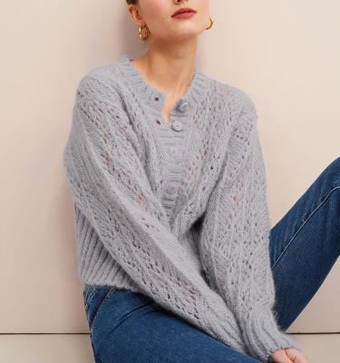 China 2019 OEM Factory Gray Knitting Sweaters Stylish Mohair Cardigan Ladies Anti-Shrink Knitwear for sale