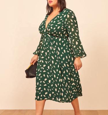 China Wholesale New Anti-wrinkle Summer Design Casual Green Print Wrap Dress Women Clothing Plus Size Dress for sale