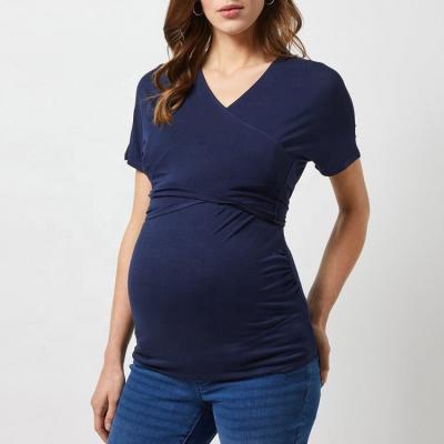 China Wholesale Anti-Allergy Women Short Sleeve Maternity Shirt Nursing Navy Color Clothing Wrap Nursing Blouse for sale