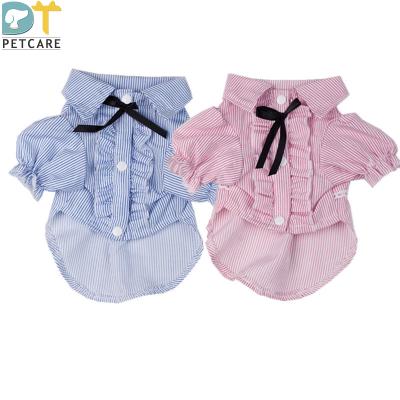 China Clothes Stocked Pet Spring And Striped Bowknot Buttoned Korean Summer Puff Sleeve Shirt for sale