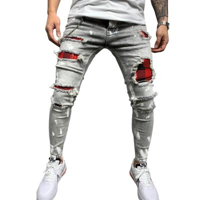 China Wholesale New Men's Breathable Plaid Feet Slim Fit Ripped Pants Painted To Patch Fashionable Men's Jeans for sale