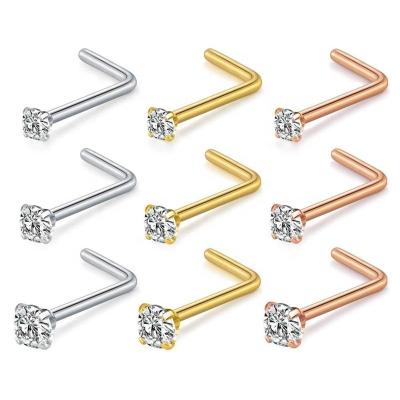 China Punk Medical Steel L Shape Septum Nose Pins Body Piercing Jewelry With Zircon Crystal Nose Stud for sale