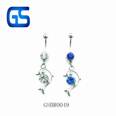 China Curved Stainless Steel Needle Hollow Dolphin Belly Ring With Crystal Body Piercing Jewelry for sale