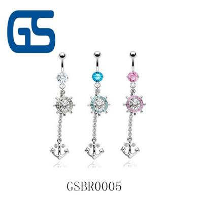 China Punk Stainless Steel Anchor And Crystal Rudder Belly Rings Piercing Body Jewelry for sale