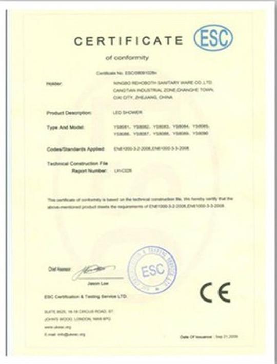 CERTIFICATE - NINGBO TE'AO SANITARY WARE CO LTD