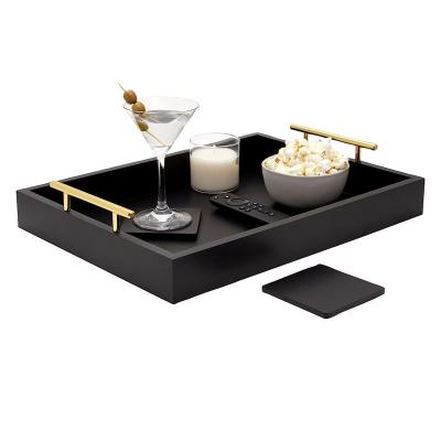 China Sustainable black serving tray for coffee table, 16x12 with coasters, decorative gold andSilver interchangeable handles for sale