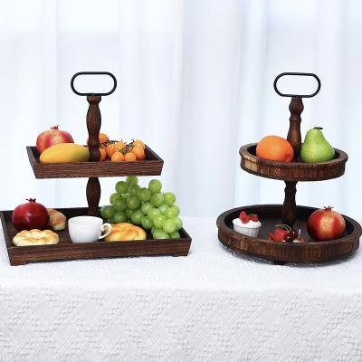 China Rustic Decor 2 Tray With Metal Handle Tiered Farmhouse Kitchen 2 Tier Stand Wood Tiered Serving Tray for sale