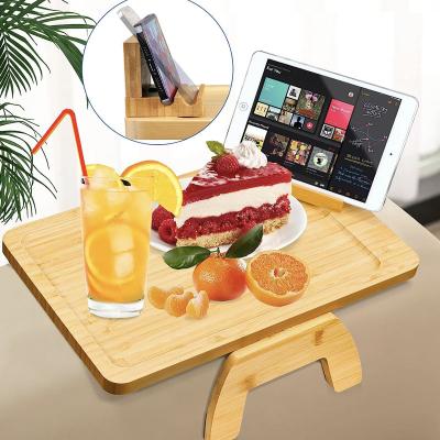 China Sustainable Bamboo Sofa Tray Table Clip on Side Table for Wide Couches Arm Foldable Couch Tray Sofa Armrest Tray with Cup Holder for sale