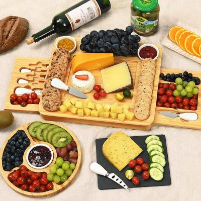 China Sustainable Bamboo Cheese Board and Knife Set, Bamboo Wooden Charcuterie Tray with Slide-out Cutlery Drawer, Serving Tray for Cheese for sale