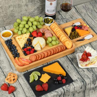 China Viable Private Label Chopping Board Meat Platter Thick Wooden Bamboo Serving Board and Charcuterie Knife Set with Cheese Knives for sale