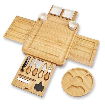 China Sustainable Custom Bamboo Cheese Board Setwith Wooden Bamboo Handle For Guests Charcuterie Board With Cutlery Set And Slates for sale