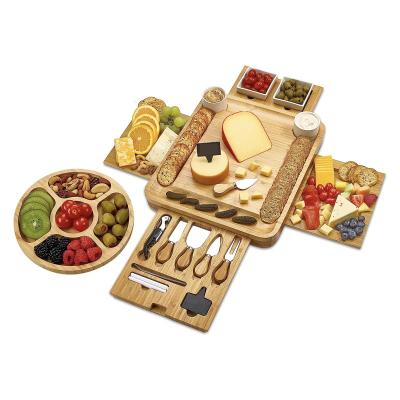 China Sustainable Bamboo Cheese Board with Wooden Cutlery Set Charcuterie Tray and Meat Serving Board with Slide-Out Drawer for sale