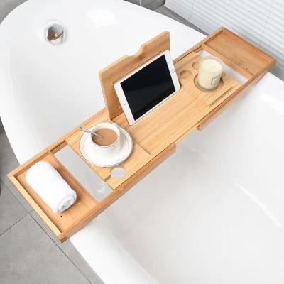 China Factory Best Selling Sustainable Luxury Bamboo Bathtub Tray Caddy Wood Bath Tray With Sides Book Tablet Phone Wine Glass Expanding Holder for sale