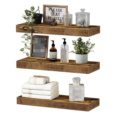 China Modem Shelves Small Bathroom Shelf Kitchen Farmhouse Floating Book Shelves For Wall 16 Inch Set Of 3, Rustic Brown for sale