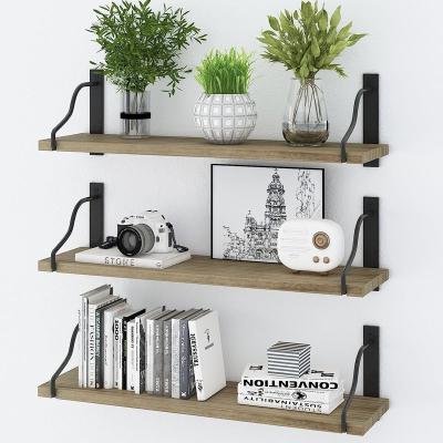 China Modem Floating Shelves Set Of 3, 24 Inch Solid Wood Wall Mounted Shelves For Wall Storage, Metal Shelf Bracket for sale