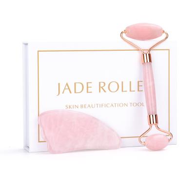 China Hot Selling Jade Facial Roller and Face Lift Beauty Gua Sha Tool Set for Massage Private Label Rose Quartz for sale