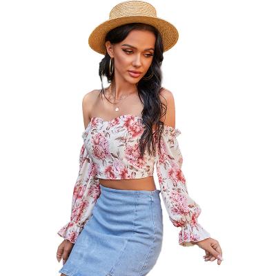 China Spring 2021 new anti-pilling crop top sexy floral print rose color pink off-shoulder flare sleeve blouse for sale