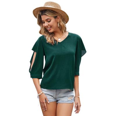 China Anti-pilling summer new solid color v-neck half sleeve hollowed-out loose back sweater women's button blouse for sale