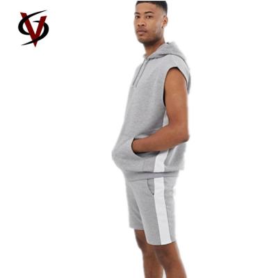 China Custom fitnesswear sleeveless hoodie and shorts mens gym plain tracksuit with side stripe for sale