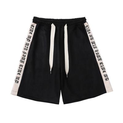 China Stock Suede Shorts Side Stripe Logo Embroidery Loose Workout Drawstring Men's Shorts in Black for sale