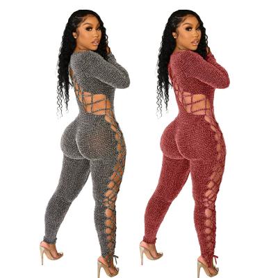 China 2021 QUICK DRY new trend plus size Bodycon one piece hollow out sexy long sleeve jumpsuit romper for sale