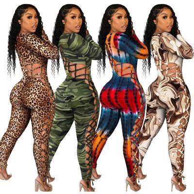 China New QUICK DRY leopard print plus size bodycon one piece ladies hollow out romper sexy long sleeve jumpsuit women 2021 for sale