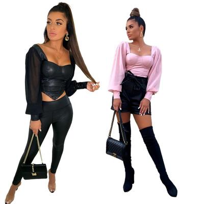 China 2021 Fall Blusas Femininas Women's Anti-Pilling Long Sleeve Blouses T-Shirts Tops Sexy Mesh Pu Leather Puff Sleeve Crop Tops Fitness Clothing for sale