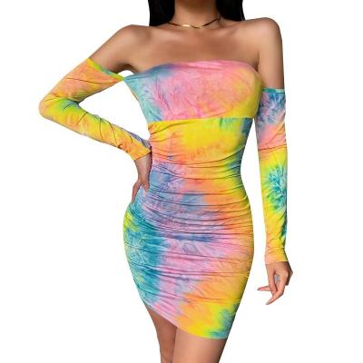 China Vestidos Mujer Anti-Static Tie Dye Ruched Dress 2022 Sexy Tie Dye Pleated One Shoulder Maxi Dress Long Sleeve Casual Dresses for sale