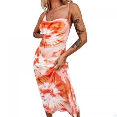 China Latest Design Tie Dye Copy Anti-Wrinkle Dress Spaghetti Strap Tight Sexy Sleeveless Cross Bandage Backless Bodycon Midi Slip Dress for sale