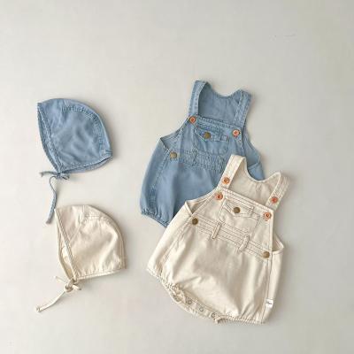 China Casual 2023 Wholesale Custom logo 100% organic cotton kids denim romper Overalls sleeveless jumpsuit for baby for sale