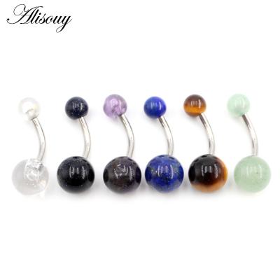 China TRENDY Alisouy 1PC New Stainless Steel Barbell Natural Stones Sexy Ball Belly Ring Navel Piercing Girl Women Button Ring Body Jewelry for sale