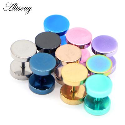 China Punk Alisouy 2pcs Gothic Stainless Steel Barbell Round Stud Earrings For Women Men Dumbbell Piercing Earrings Punk Fashion Jewelry for sale