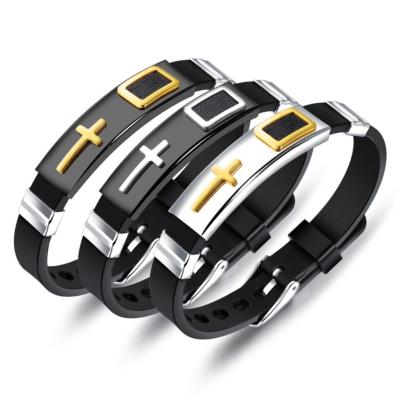 China CLASSIC Black Stainless Steel Christian Jewelry Vintage Adjustable Leather Bracelet & Bangles For Men for sale