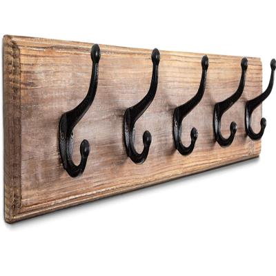 China Farmhouse Wooden Coat Rack Coat Hanger Premium Solid Rustic Wood Wall Mounted Viable 5 Vintage Iron Hooks for sale