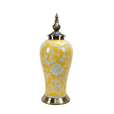 China Stocked Traditional China Porcelain Flower Pattern Ceramic Yellow Ginger Jar for sale