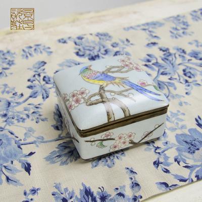 China Traditional or Modern Beautiful Antique Blue Square Shape Porcelain Trinket Box Decorative Flower and Birds Pattern Blue Ceramic Box for sale