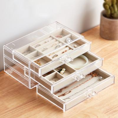 China Handmade Custom Logo Plastic Clear Jewelry Organizer Box with 3 Drawers Earring Rings Bangle Bracelet Necklace Velvet Holder for sale