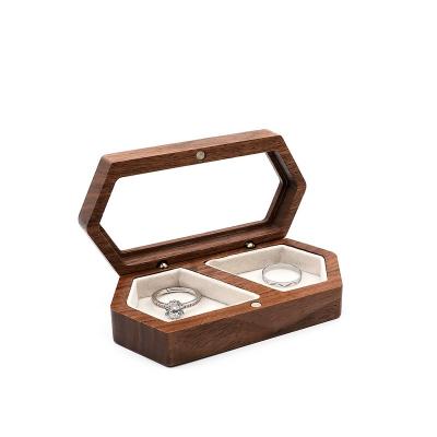 China New Walnut Walnut Earring Box Wooden Ring Trinket Portable Organizer Box Flannel Lining Jewelry Packaging Box for sale