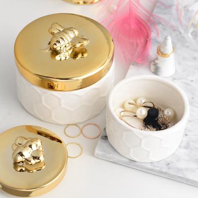 China White Eco-friendly Porcelain Jewelry Box Trinket Storage Container Display Organizer Holder Ceramics Jewelry Box With Gold Bee Lid for sale